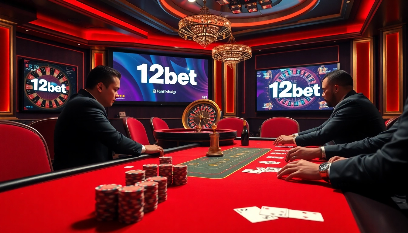 Players enjoy a high-stakes game at a luxurious 12bet casino table, enhancing the thrill of gambling.