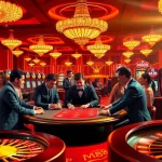 Players engaging in an exciting poker game at the M88 casino, surrounded by slot machines and roulette wheels.
