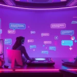 Engaging AI sex chat scene with characters in a futuristic chat interface.