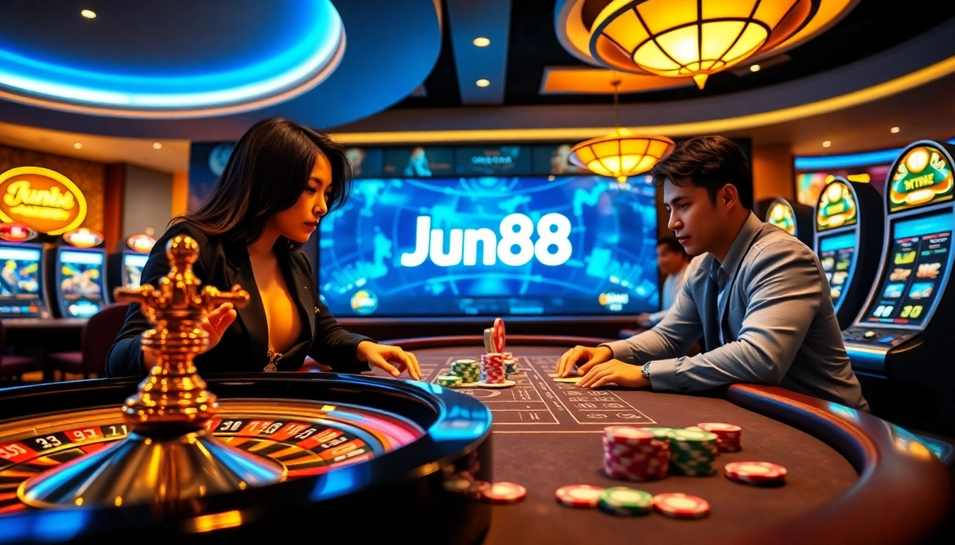 Experience thrilling gameplay at Jun88 with engaging roulette and poker tables in a luxurious casino setting.