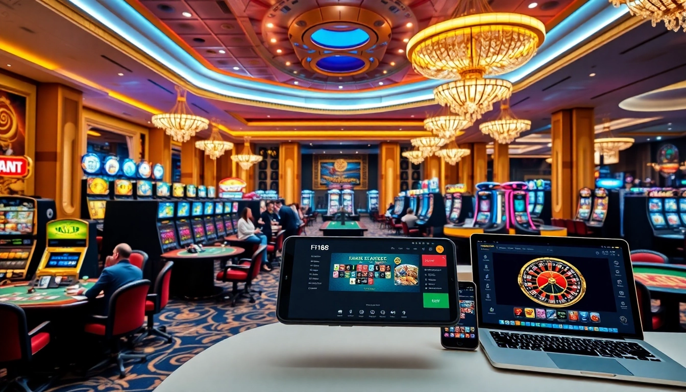 Experience F168 with gamblers at slot machines and poker tables in a luxurious casino setting.