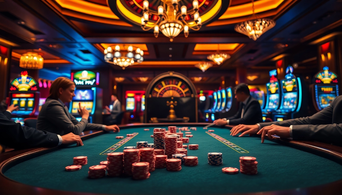 Players enjoying an intense poker game at 13Win casino with vibrant chips and a roulette wheel.