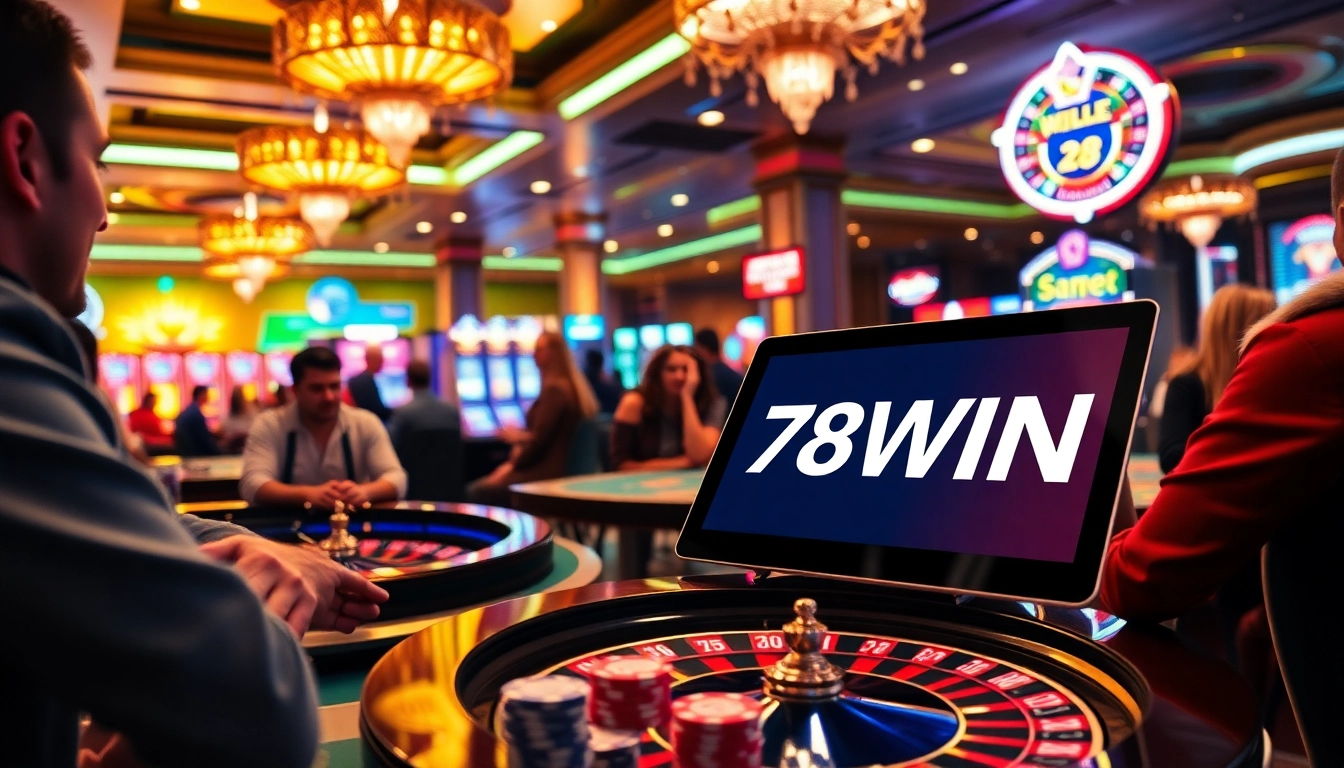 Excited players enjoying a glamorous casino experience at 78WIN with vibrant games and digital interfaces.
