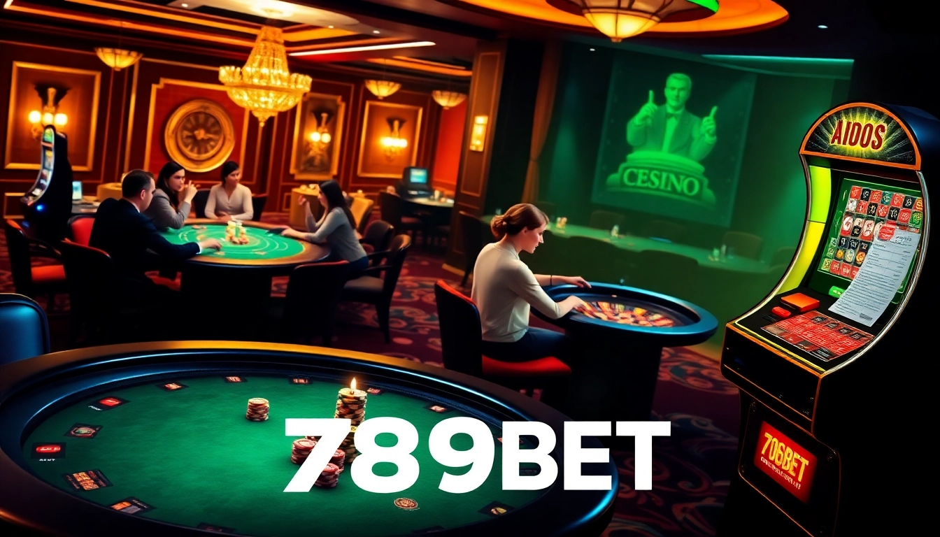 Engage in thrilling casino games with 789BET COM, featuring poker tables and vibrant slot machines.