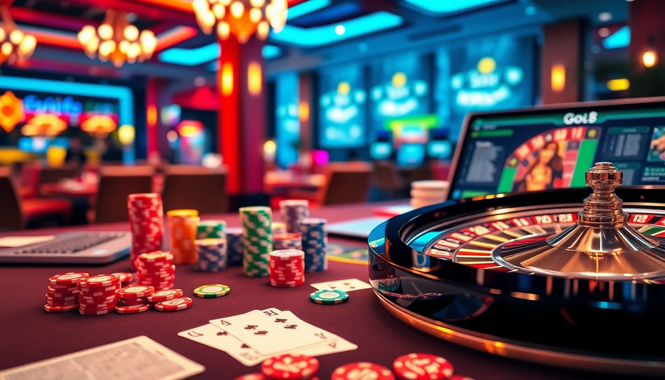 Go8 casino scene showcasing vibrant gambling elements with poker cards, chips, and roulette.
