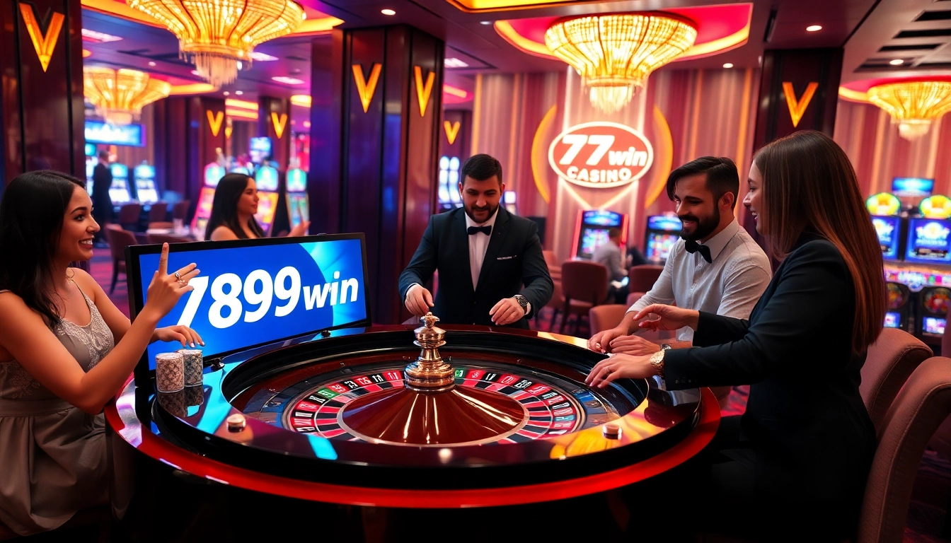 A lively casino scene with players enjoying roulette and showcasing the 789win logo, exuding excitement and luxury.
