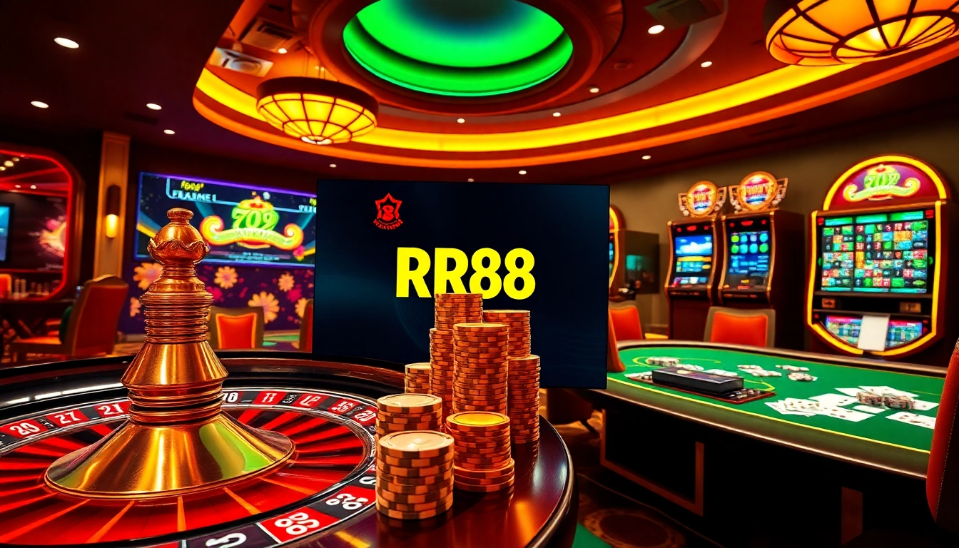 Experience high-stakes gaming at RR88 with vibrant roulette and poker chip displays.