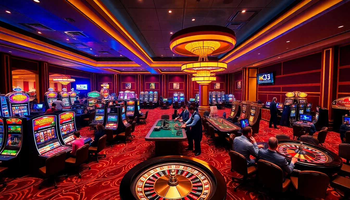 KJC casino scene featuring vibrant slot machines and engaged players at poker tables.