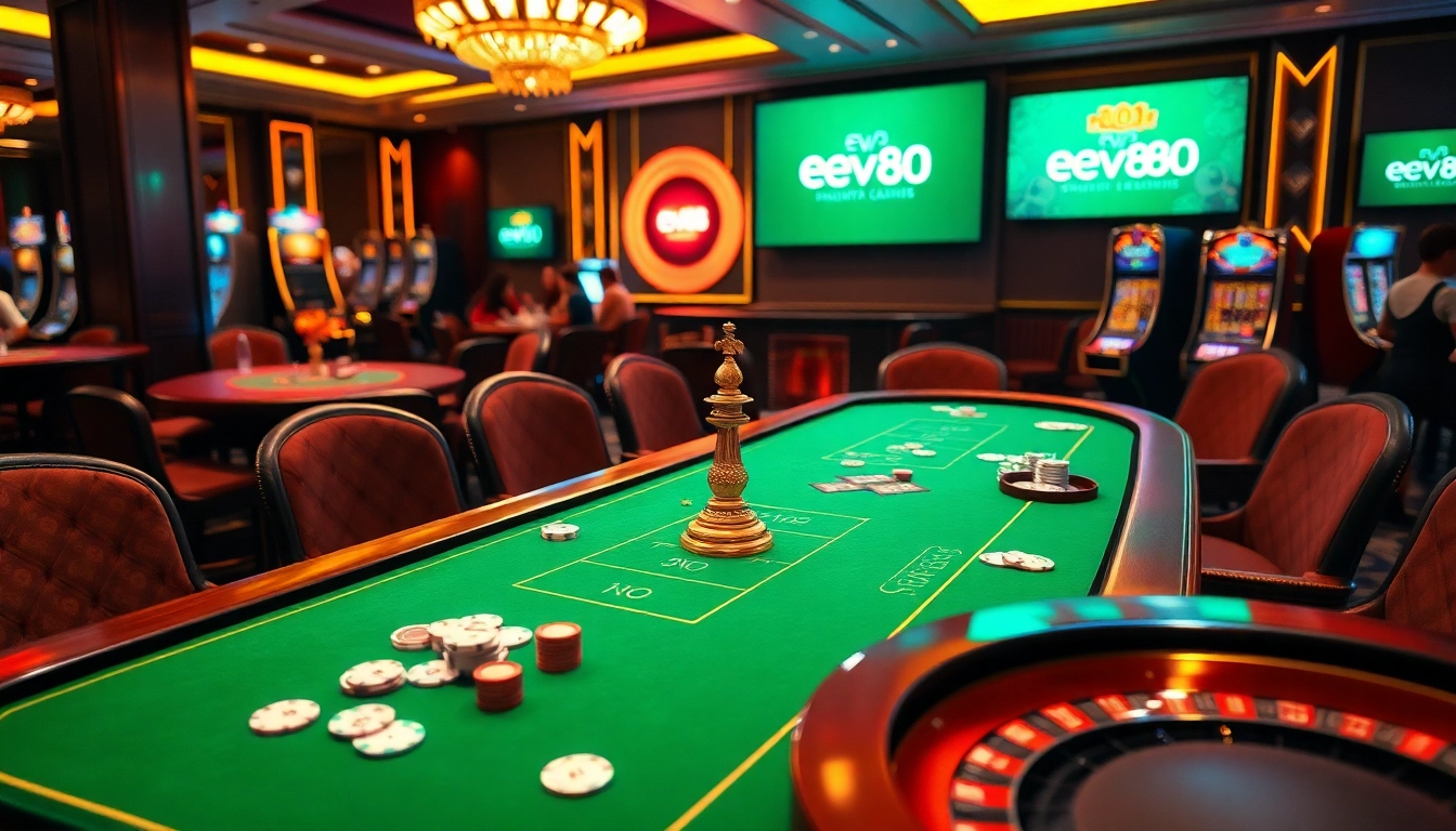 A thrilling gambling scene at https://ev882.sa.com/ featuring a poker table, roulette wheel, and vibrant casino atmosphere.
