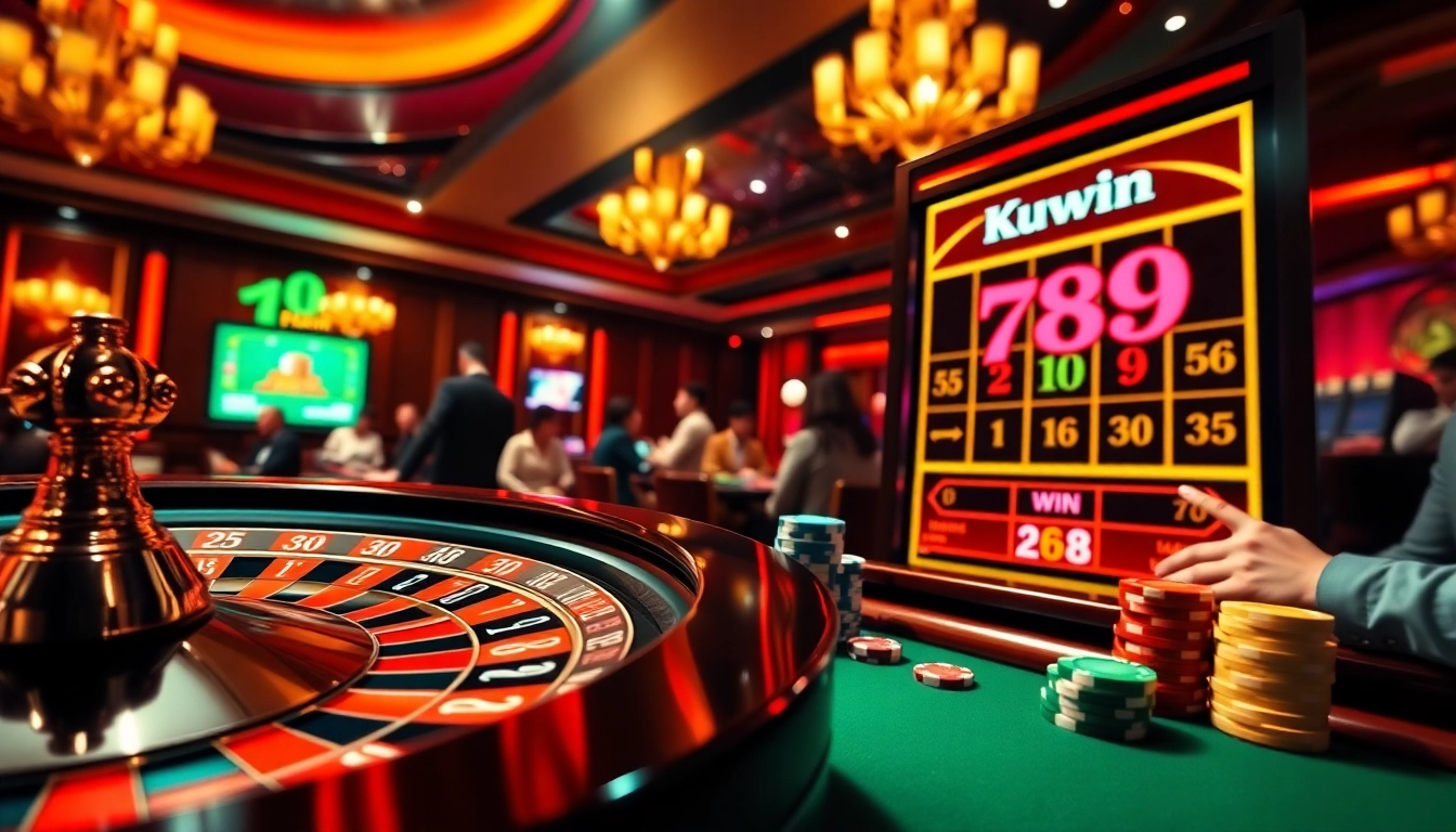 Kuwin 789 players enjoying a thrilling live casino experience with poker chips and winnings.