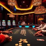Players enjoying a high-stakes poker game at new88 casino, surrounded by luxurious decor and vibrant atmosphere.