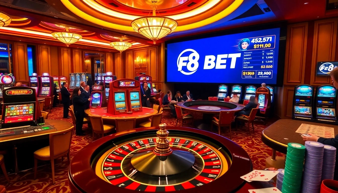 Exciting gaming scene at F8 BET casino with cards and roulette wheel.