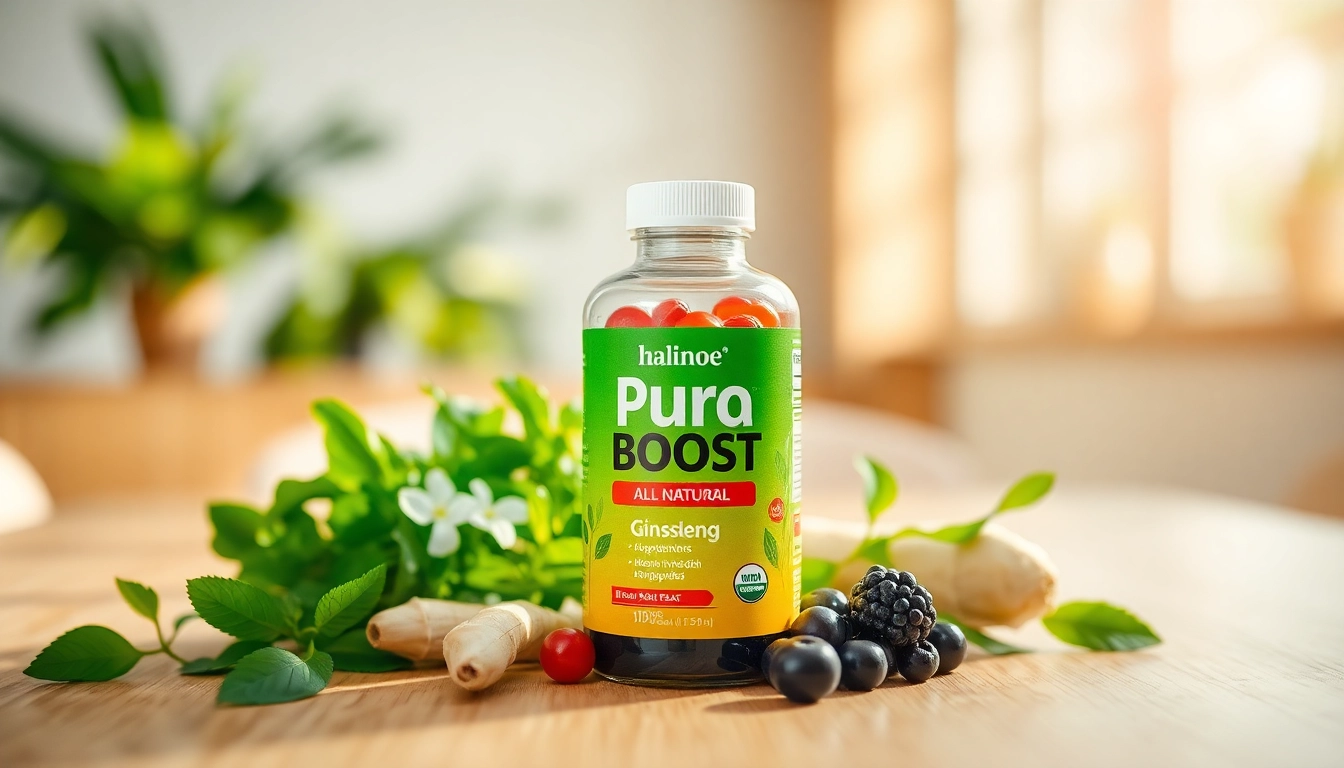 Pura Boost supplement bottle surrounded by fresh herbs and fruits, symbolizing natural energy and vitality.