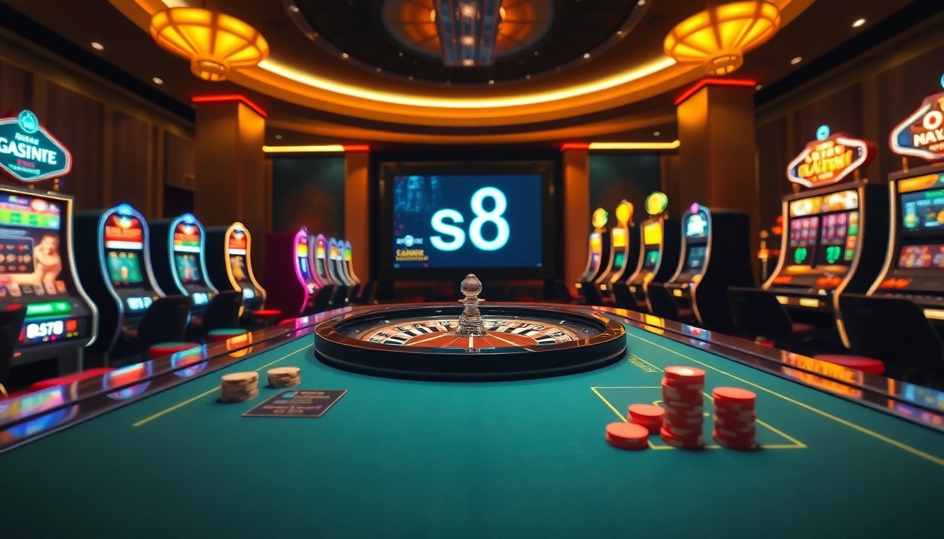 Players enjoying a thrilling casino experience at S8 with roulette, slots, and poker chips.
