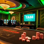 Crowd enjoying a vibrant game atmosphere at ta88.com casino featuring blackjack, roulette, and slot machines.