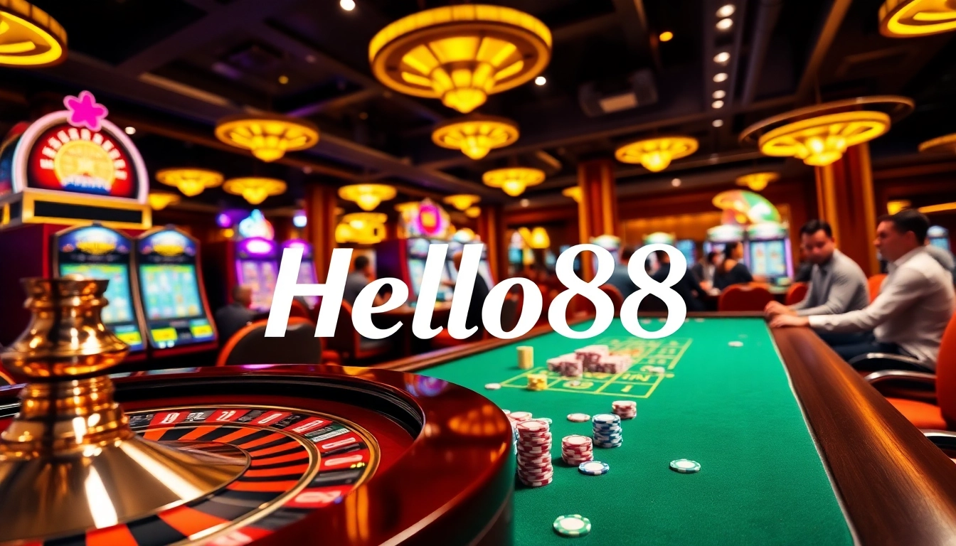 Bet with Hello88 at an exciting casino table with roulette, chips, and vibrant slot machines.