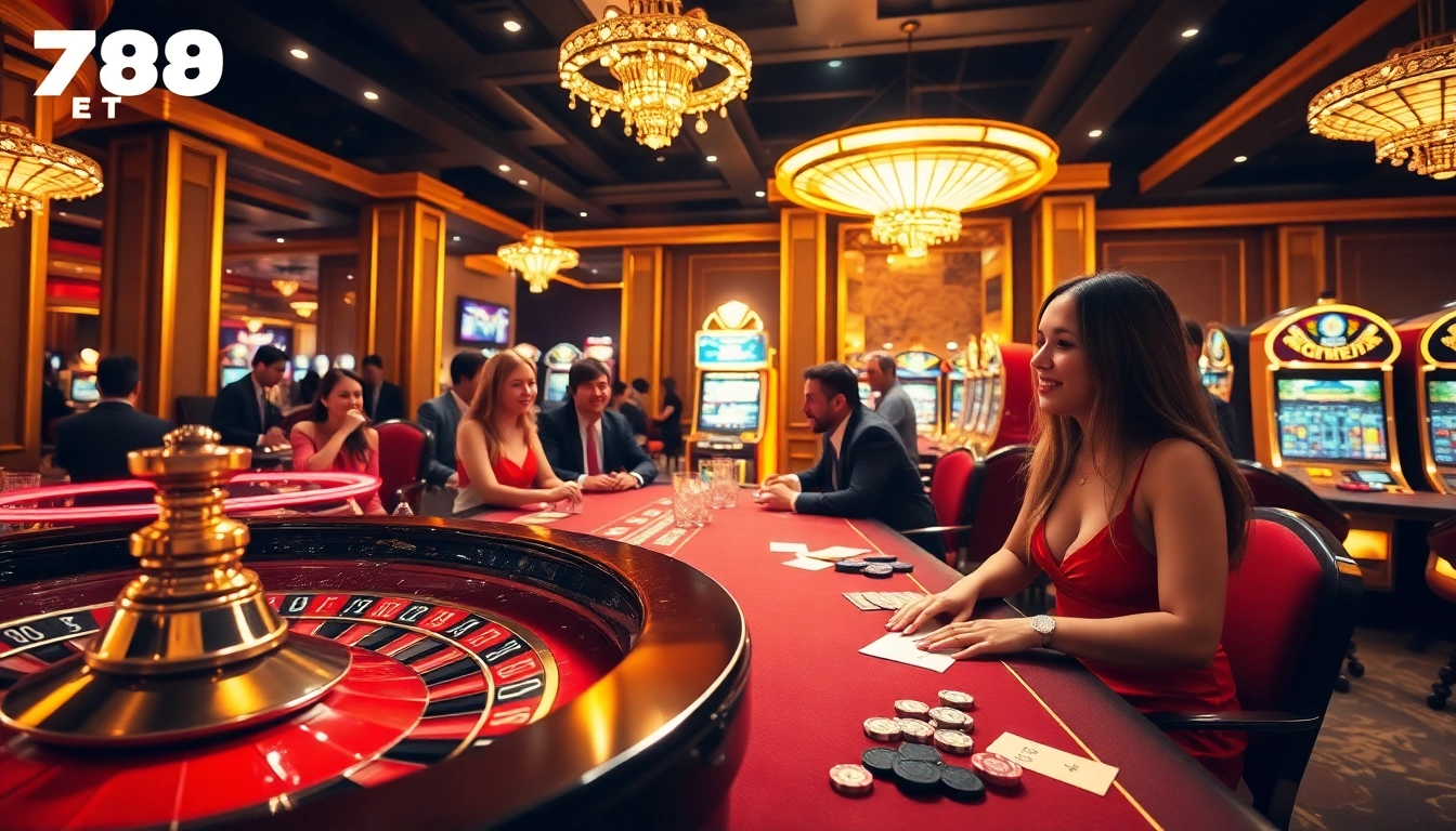 Experience the thrill of 789 BET with an exciting casino scene showcasing poker and roulette games.