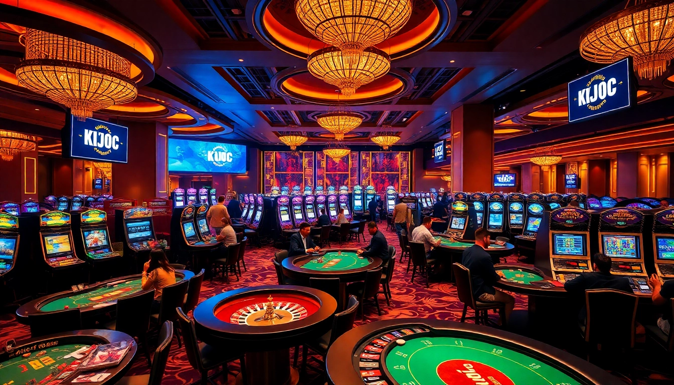 KJC casino scene with vibrant gaming tables, slot machines, and engaged players celebrating wins.