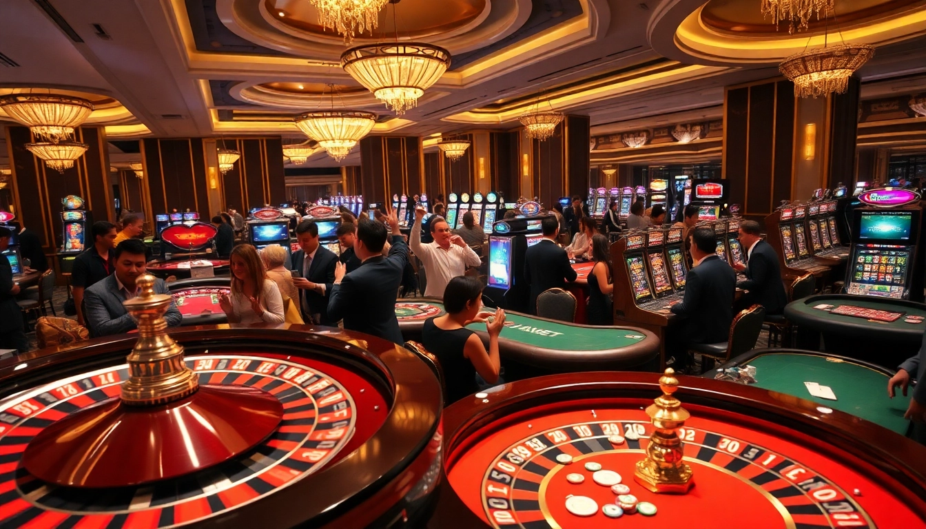 Players enjoying thrilling games at FABET's modern casino, with vibrant slot machines and a roulette wheel.