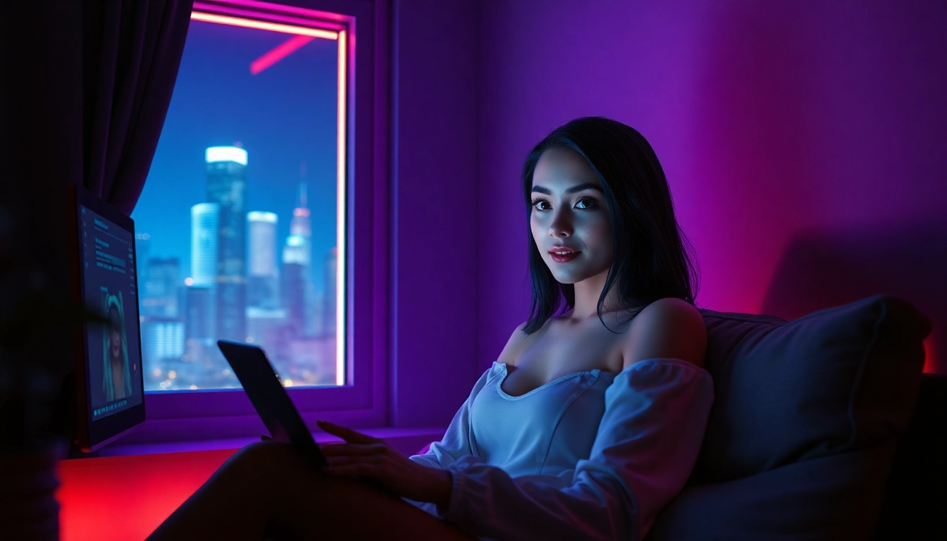 Engaging ai sex chat scene featuring a realistic virtual girlfriend and a cozy chat room atmosphere.