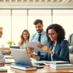 Professional translators collaborating on certified translation projects in a modern office