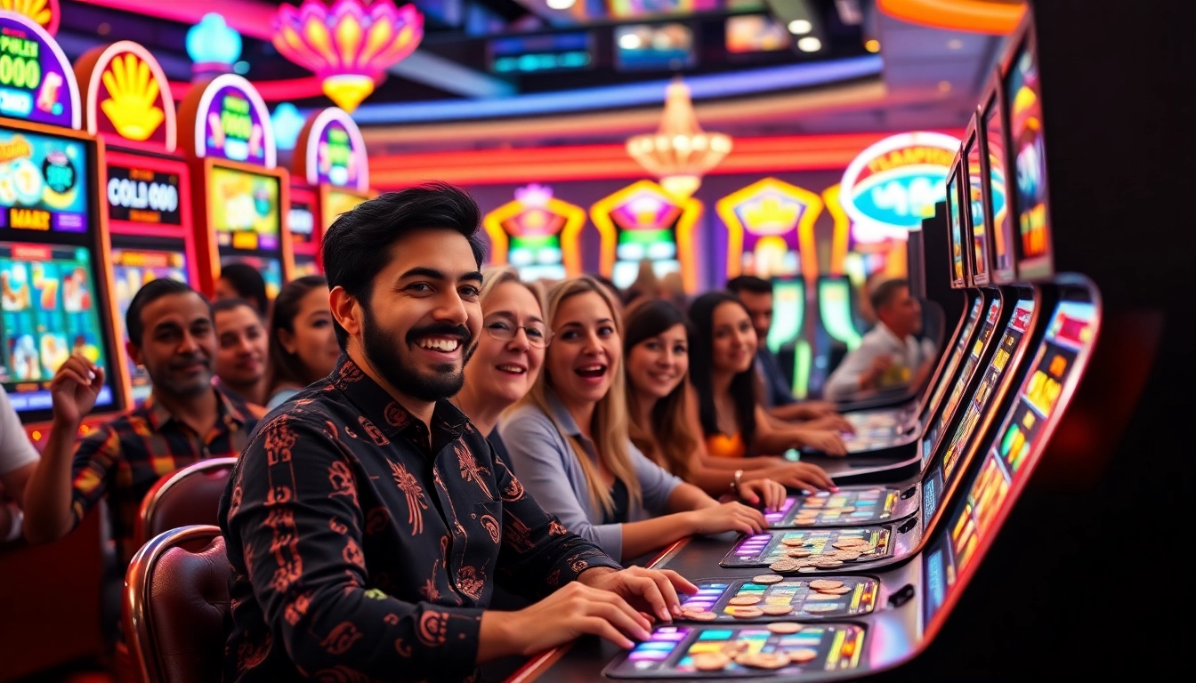 Players celebrating wins at the doaslot gaming area, featuring bright slot machines and vibrant colors.