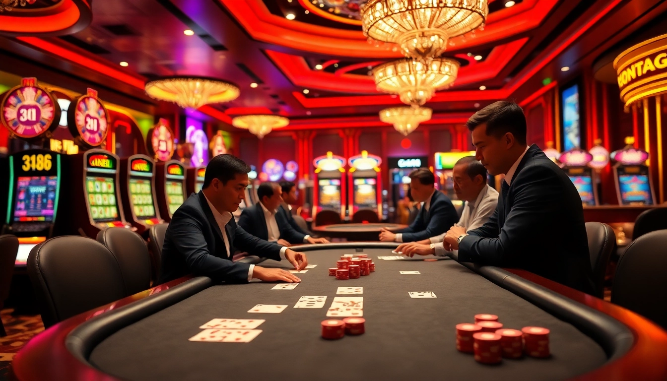 Experience the excitement of GG88 at a luxurious casino table with engaged players and vibrant slot machines.