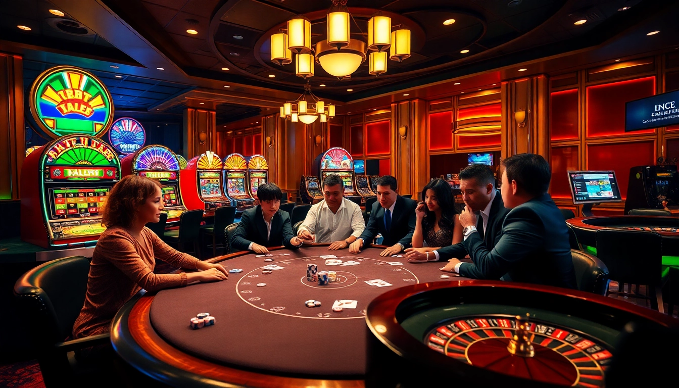 Engaged players strategizing in a vibrant casino setting emphasizing gamebaidoithuong excitement.