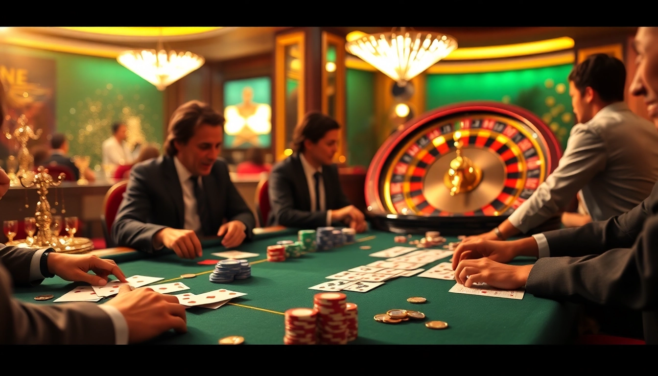 Players engage in a thrilling poker game at https://ph33.info, showcasing vibrant casino atmosphere and excitement.