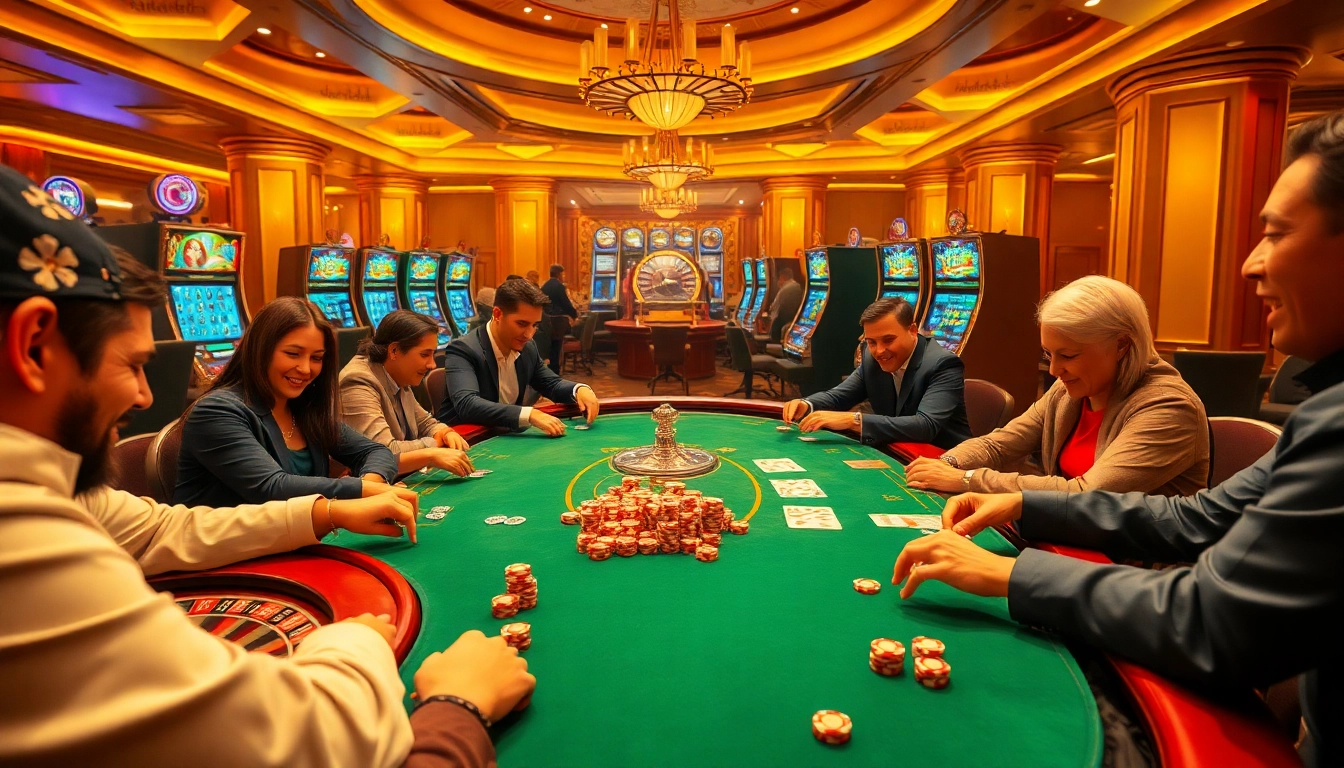 b52club table with players enjoying poker and slot machines, capturing the thrill of casino gaming.