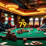 Engaging players at a glamorous poker table at 79king casino amidst vibrant slot machines and high-stakes excitement.