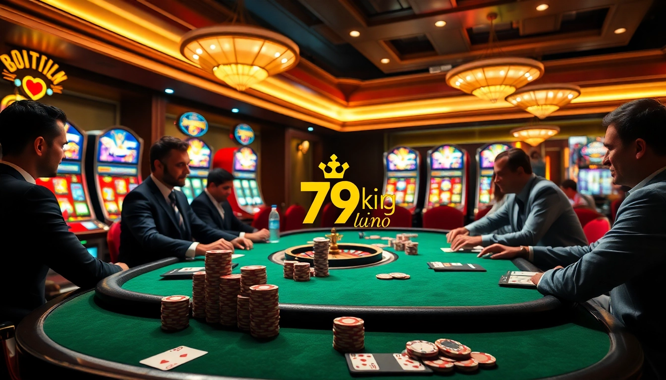 Engaging players at a glamorous poker table at 79king casino amidst vibrant slot machines and high-stakes excitement.