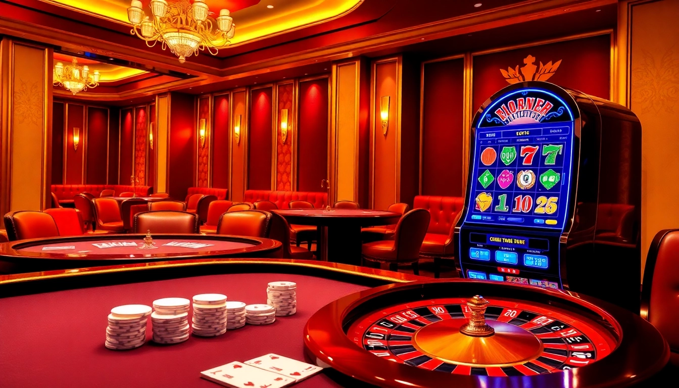 Experience the excitement of gaming on trang chủ gg88 with luxurious casino visuals featuring roulette wheels and poker tables.