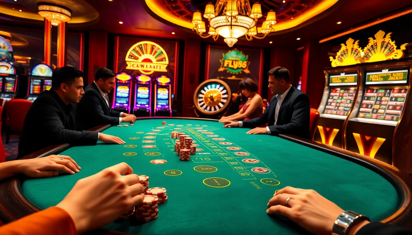 Experience the thrill at nhà cái uy tín FLY88 with players at a blackjack table surrounded by excitement.