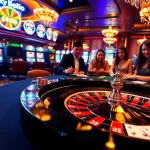Sky88 casino table with roulette wheel and excited gamblers enjoying high-stakes games.