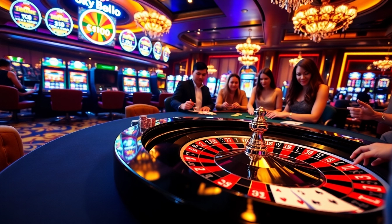 Sky88 casino table with roulette wheel and excited gamblers enjoying high-stakes games.