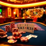 KK55 poker table featuring high-stakes chips and cards in a luxurious casino setting.