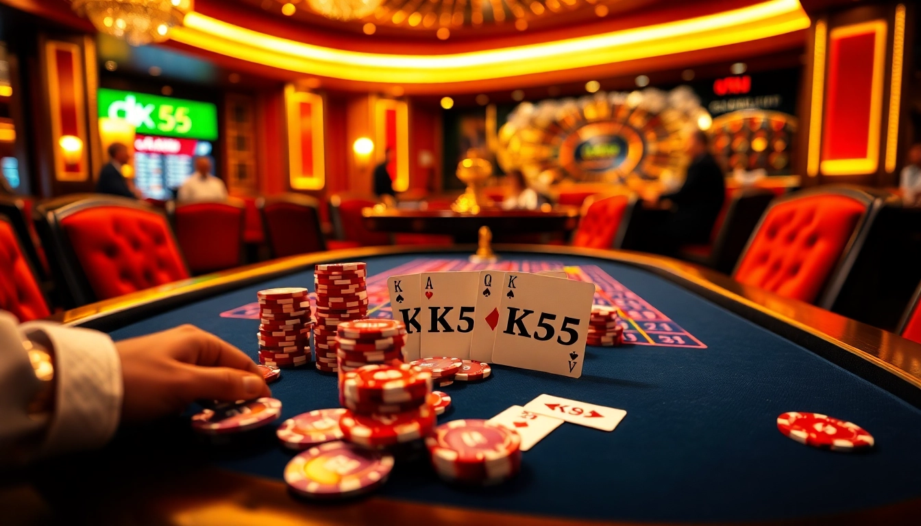 KK55 poker table featuring high-stakes chips and cards in a luxurious casino setting.
