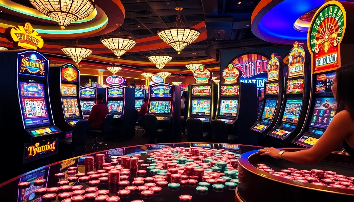 Players enjoying the excitement of nổ hũ slot machines in a vibrant casino atmosphere.