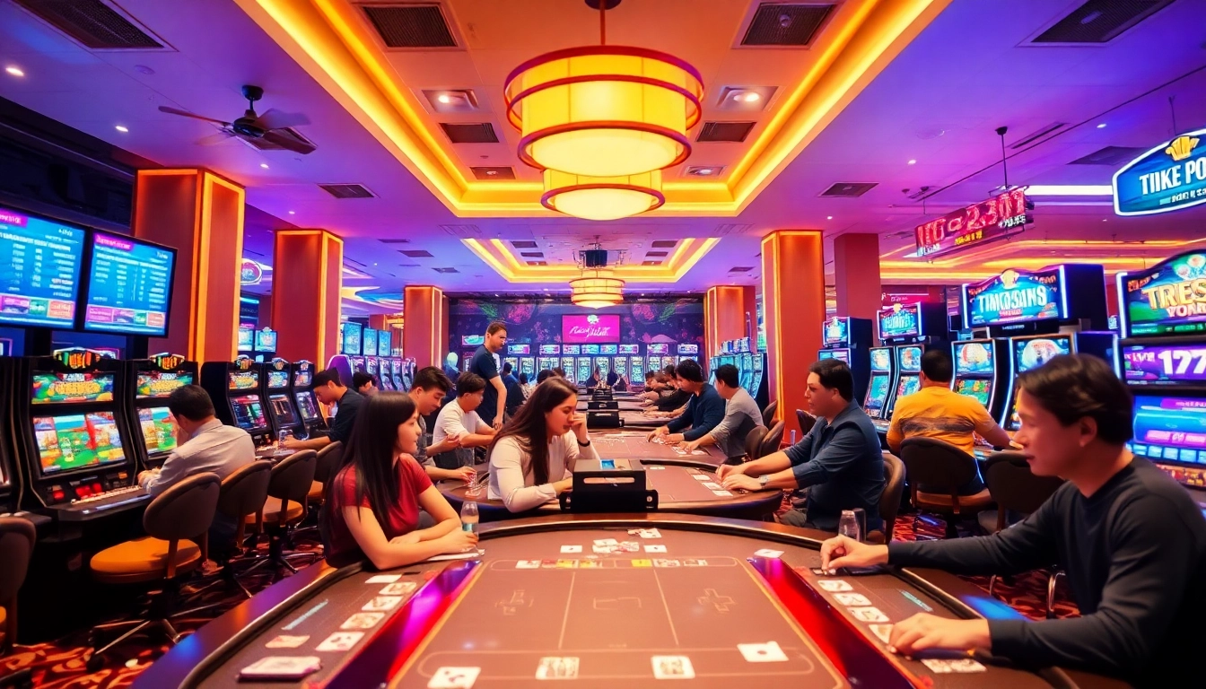 Exciting gaming atmosphere at Nhà cái OKFUN, featuring diverse players enjoying sports betting and card games.