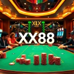 Players enjoying a thrilling poker game at XX88 casino, featuring vibrant chips and sleek modern design.