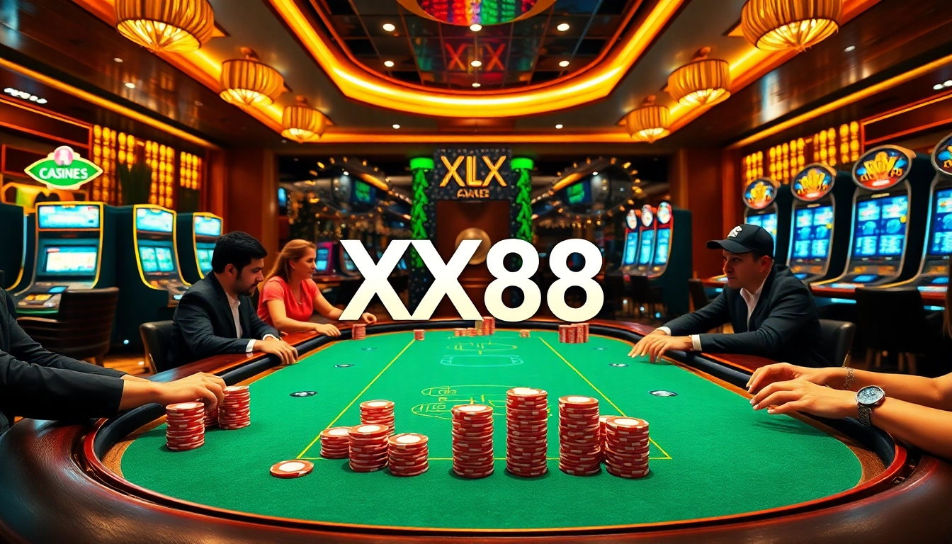 Players enjoying a thrilling poker game at XX88 casino, featuring vibrant chips and sleek modern design.