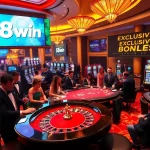 Players enjoy an exciting game of roulette at 58win casino, surrounded by vibrant casino décor.
