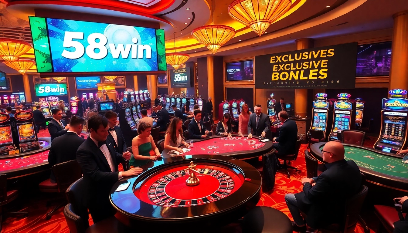 Players enjoy an exciting game of roulette at 58win casino, surrounded by vibrant casino décor.