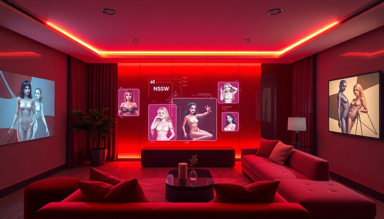 Immersive NSFW AI virtual interaction in a modern, stylish room with holographic displays.