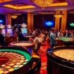KJC casino scene showcasing a lively roulette table with players and vibrant slot machines.