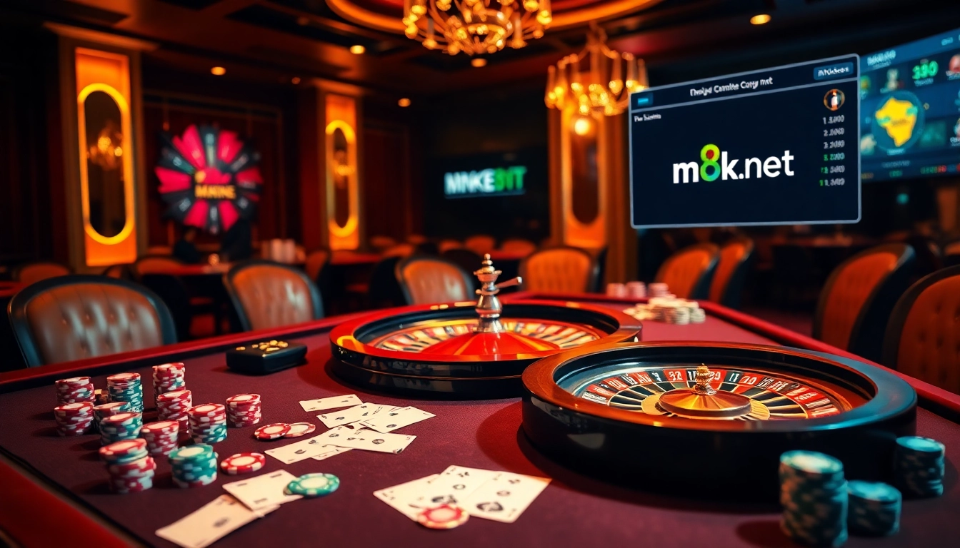 A vibrant casino scene featuring poker tables and the mk8th.net logo, embodying luxury and excitement in online gambling.