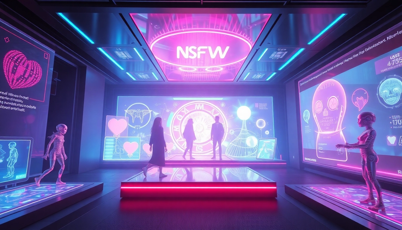 Engaging NSFW AI digital environment with holographic interfaces and interactive characters