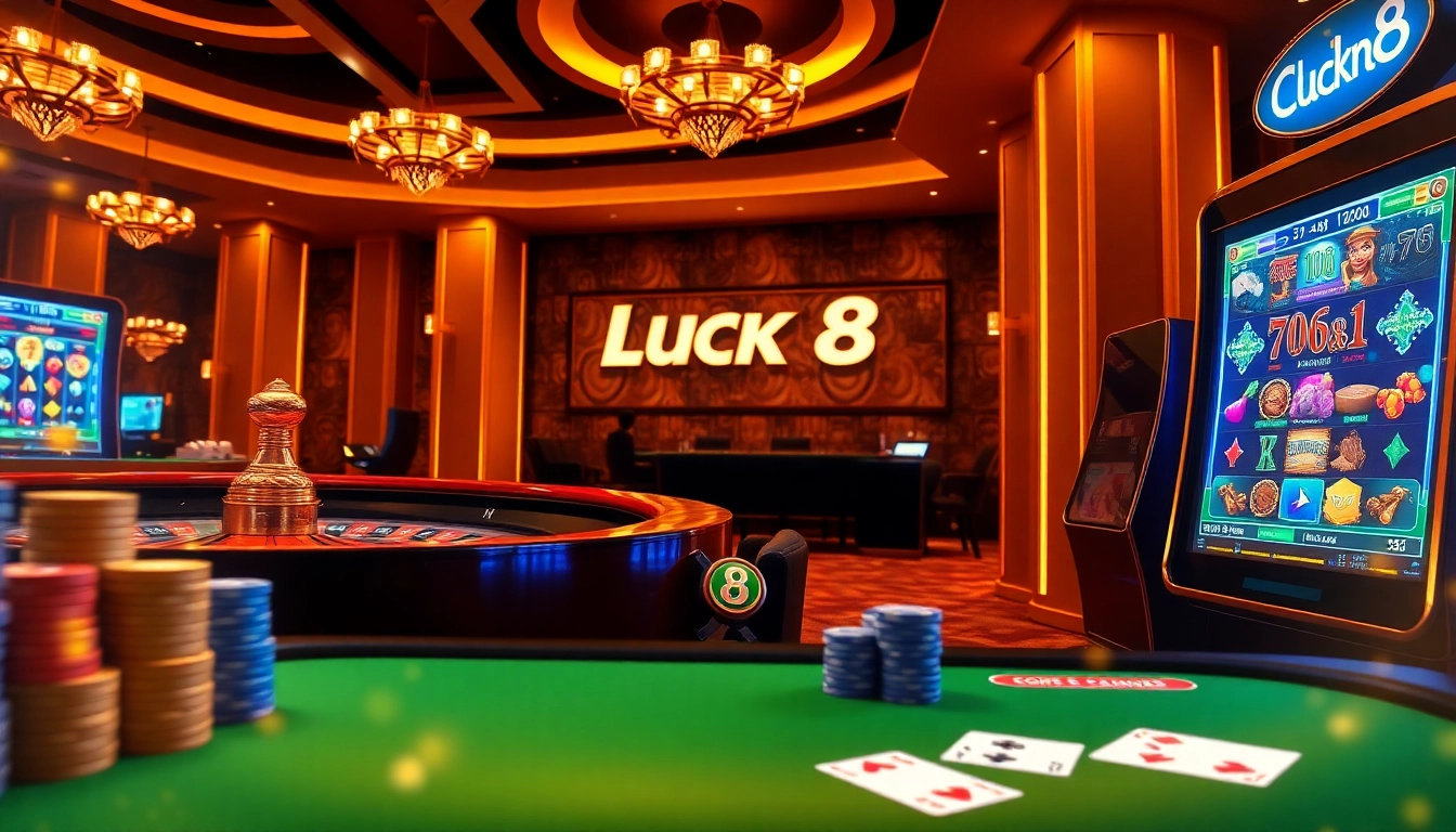 Experience the excitement of Luck8 with a vibrant casino scene featuring roulette wheels and poker chips.