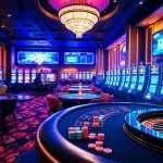 FLY88 gaming excitement with vibrant poker tables and glamorous slot machines.